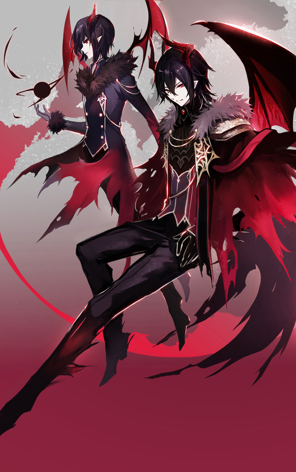 2boys bat_wings black_footwear black_jacket black_legwear cape commentary_request demon_horns demon_wings flying fur-trimmed_sleeves fur_trim gloves hair_between_eyes highres horns jacket looking_at_viewer looking_to_the_side magic male_focus moemoe3345 multiple_boys original pale_skin pointy_ears red_cape red_eyes red_horns time_of_awakening torn_clothes wings