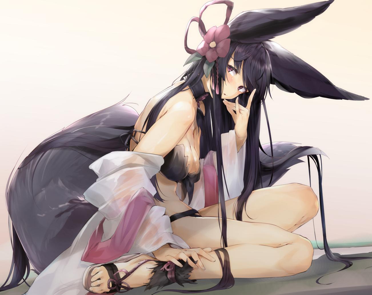 1girl animal_ears bare_shoulders bikini black_hair blush breasts choker cleavage flower fox_shadow_puppet fur granblue_fantasy hair_flower hair_ornament hair_ribbon long_hair looking_back pink_background red_eyes ribbon rozen_maiden sandals see-through sitting solo swimsuit tail uno_ryoku wariza yuel_(granblue_fantasy)