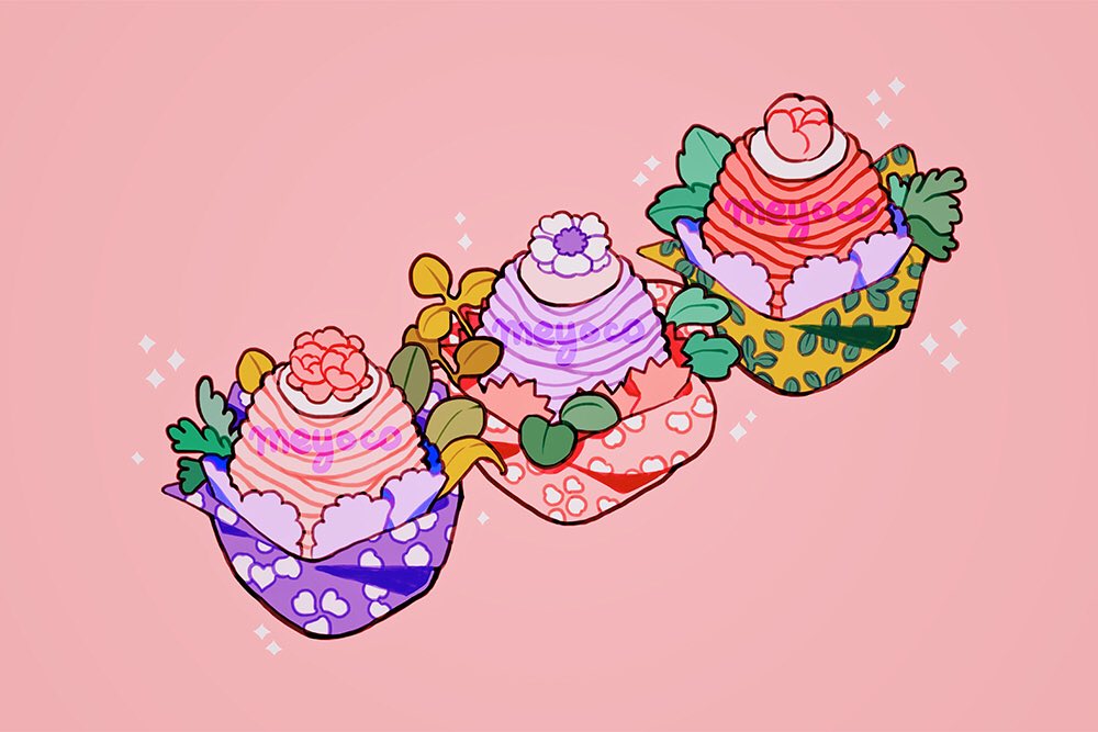 artist_name cupcake flower food heart leaf meyoco mont_blanc_(food) no_humans original petals pink_background pink_flower simple_background sparkle white_flower