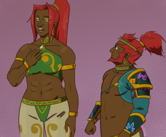 1boy 1girl abs big_nose dark_skin earrings ganondorf gerudo jewelry meme nintendo ponytail purple_background redhead size_difference the_legend_of_zelda zicygomar