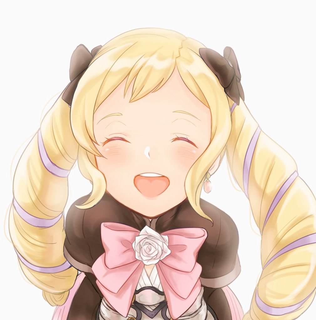 1girl akina_(akn_646) black_bow blonde_hair bow closed_eyes cute earrings elise_(fire_emblem_if) fire_emblem fire_emblem_if hair_bow intelligent_systems jewelry long_hair multicolored_hair nintendo open_mouth pink_bow purple_hair simple_background smile solo twintails upper_body white_background