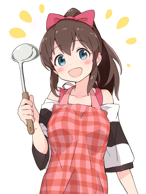 1girl :d apron bangs bare_shoulders blue_eyes blush bow brown_hair collarbone ddak5843 eyebrows_visible_through_hair hair_between_eyes hair_bow head_tilt high_ponytail holding idolmaster idolmaster_million_live! ladle long_hair looking_at_viewer off-shoulder_shirt off_shoulder open_mouth pink_apron plaid plaid_apron ponytail red_bow satake_minako shirt short_sleeves simple_background smile solo striped striped_shirt white_background