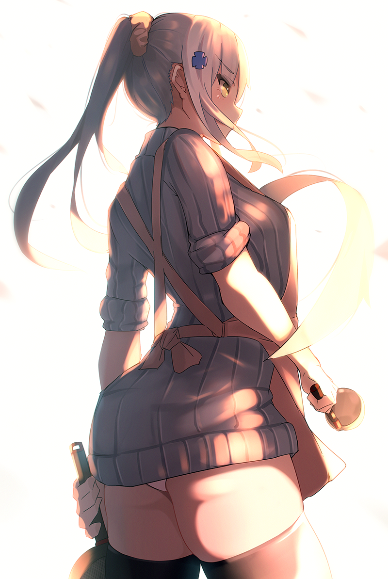 1girl alternate_costume apron ass bangs black_legwear blush brown_apron commentary_request dress eyebrows_visible_through_hair from_side frying_pan girls_frontline green_eyes grey_dress grey_sweater hair_ornament hair_scrunchie hk416_(girls_frontline) holding katuo1129 ladle light long_hair panties pantyshot pantyshot_(standing) ponytail profile ribbed_sweater scrunchie sidelocks silver_hair simple_background sleeves_pushed_up solo standing sweater sweater_dress thigh-highs underwear upskirt v-shaped_eyebrows white_background white_panties