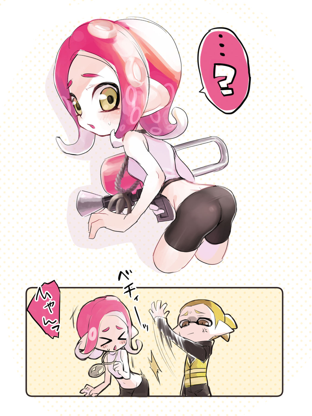 &gt;_&lt; 1boy 1girl ? agent_8 anger_vein arm_up ass bare_arms bare_shoulders bike_shorts blonde_hair brown_eyes closed_eyes closed_mouth domino_mask furrowed_eyebrows highres inkling long_sleeves mask medallion medium_hair miyashiro motion_lines octarian octoling octoshot_(splatoon) pink_hair slapping sleeveless splatoon splatoon_(series) splatoon_2 splatoon_2:_octo_expansion squidbeak_splatoon suction_cups tentacle_hair vest yellow_eyes yellow_vest