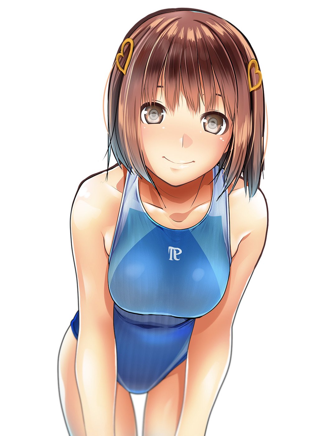 1girl asarakura blue_swimsuit breasts brown_eyes brown_hair collarbone commentary_request competition_swimsuit cowboy_shot hair_ornament hairclip heart heart_hair_ornament higadera_nanatsu highres leaning_forward light_smile looking_at_viewer love_r medium_breasts one-piece_swimsuit simple_background solo standing swimsuit thigh_gap white_background