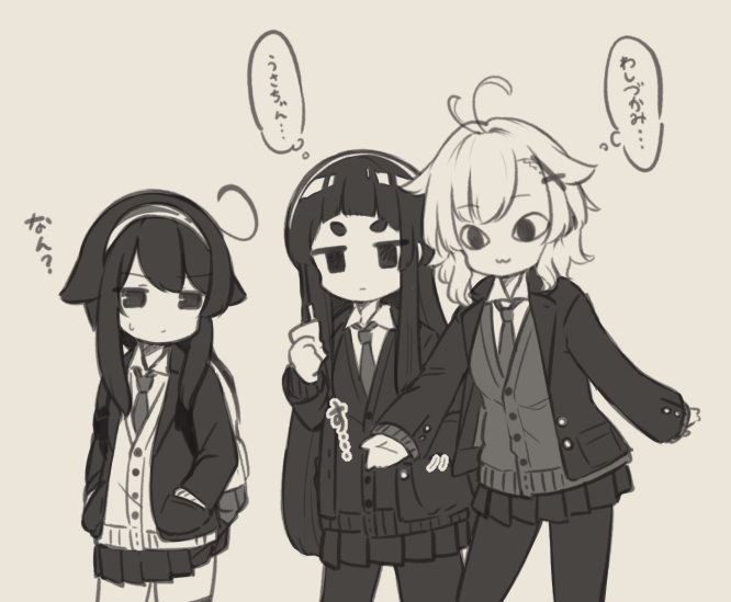 3girls :3 antenna_hair backpack bag bangs blazer brown_background cardigan closed_mouth collared_shirt eyebrows_visible_through_hair hair_flaps hair_ornament hairband hands_in_pockets jacket kuranami_shiki long_sleeves monochrome multiple_girls natsuki_teru necktie nekomiya_ryuu open_blazer open_clothes open_jacket original outstretched_arm pantyhose pleated_skirt school_uniform sepia shikibe_ayaka shirt short_eyebrows simple_background skirt sleeves_past_wrists sweat thick_eyebrows thigh-highs translation_request v-shaped_eyebrows