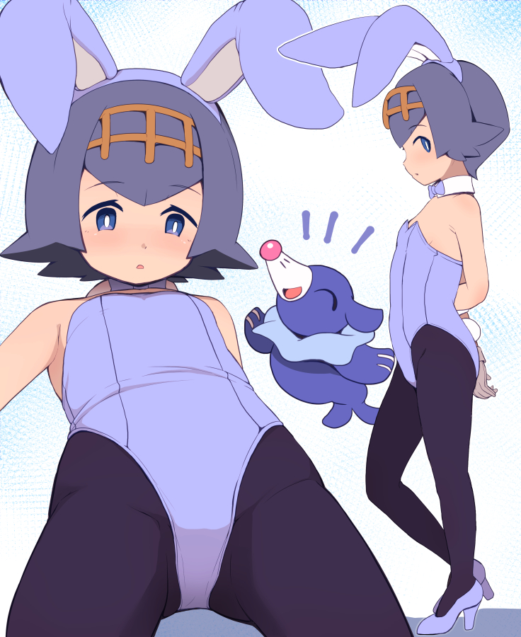 /\/\/\ 1girl alternate_costume animal_ears armpits arms_behind_back bangs bare_shoulders black_legwear blue_background blue_bow blue_eyes blue_footwear blue_hair blue_hairband blue_leotard blue_neckwear blush bow bowtie bright_pupils brown_hairband bunny_tail bunnysuit commentary_request creatures_(company) detached_collar eyebrows_visible_through_hair fake_animal_ears fake_tail flat_chest from_below from_side game_freak garoudo_(kadouhan'i) gen_7_pokemon gloves gluteal_fold hairband high_heels leotard looking_at_viewer looking_down looking_to_the_side multiple_views nintendo pantyhose pokemon pokemon_(creature) pokemon_(game) pokemon_sm popplio profile rabbit_ears short_hair strapless strapless_leotard suiren_(pokemon) tail two-tone_background white_background white_gloves