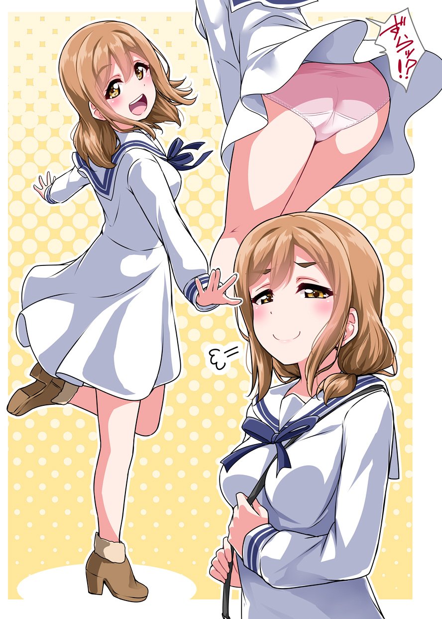 ! !? 1girl ? bangs bare_legs blush boots bow bowtie breasts brown_hair dotted_background dress eyebrows_visible_through_hair high_heel_boots high_heels highres japanese_text kunikida_hanamaru leg_up long_hair looking_at_viewer love_live! love_live!_sunshine!! medium_breasts open_mouth panties pantyshot pink_panties sailor_collar sailor_dress smile solo underwear yellow_eyes yopparai_oni