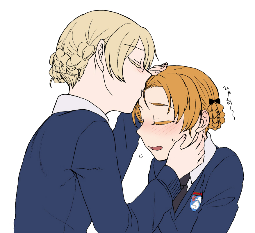 bangs black_bow black_neckwear blonde_hair blue_sweater blush bow braid darjeeling dress_shirt emblem facing_another flying_sweatdrops forehead_kiss frown girls_und_panzer hair_bow hand_on_another's_face hand_on_another's_head kiss leaning_forward long_sleeves necktie open_mouth orange_hair orange_pekoe parted_bangs school_uniform shirt short_hair simple_background st._gloriana's_(emblem) st._gloriana's_school_uniform sweatdrop sweater tied_hair torinone twin_braids upper_body v-neck white_background white_shirt wing_collar yuri