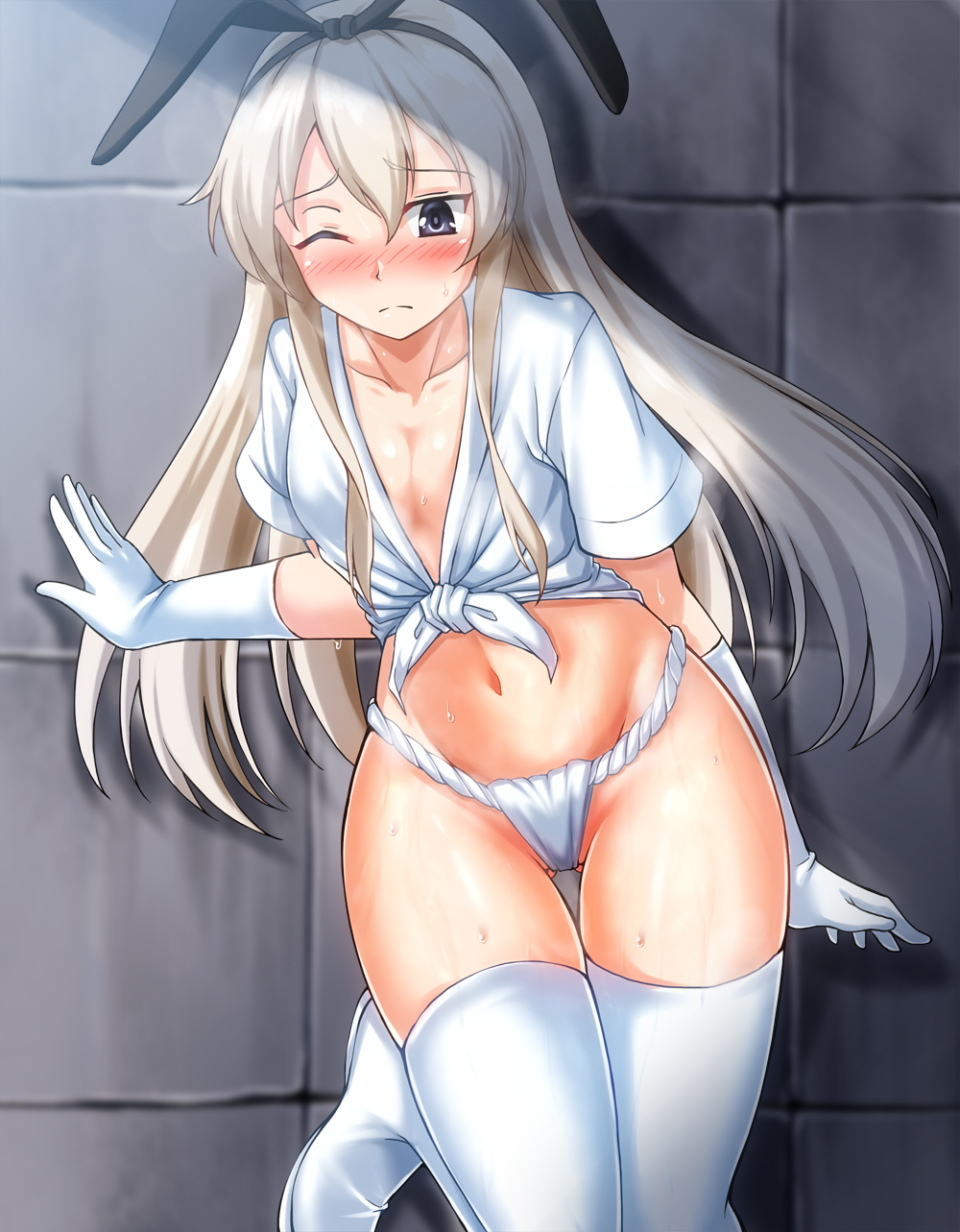 1girl alternate_costume animal_ears blonde_hair blush boots breasts closed_mouth elbow_gloves fundoshi gloves grey_eyes headband highres japanese_clothes kantai_collection long_hair navel one_eye_closed panties rabbit_ears shimakaze_(kantai_collection) small_breasts solo sweatdrop thigh-highs thigh_boots underwear white_gloves white_panties zanntetu