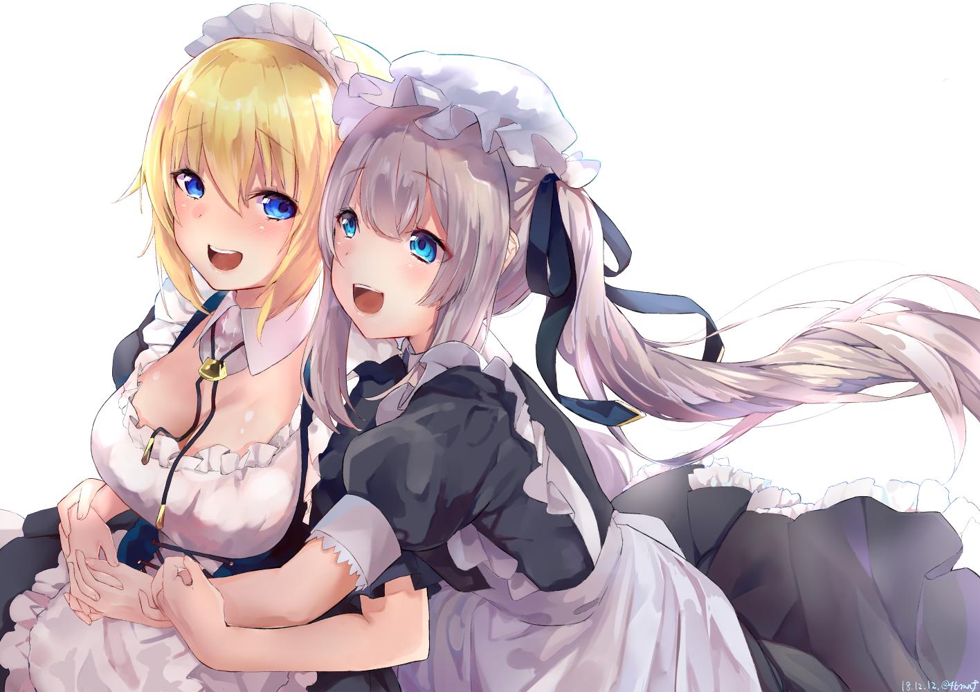2girls @ apron artist_name blue_eyes blue_ribbon blush breasts cleavage commentary_request dated dot_nose dress eyebrows_visible_through_hair fate/apocrypha fate/grand_order fate_(series) hair_between_eyes hair_ornament hug hug_from_behind jeanne_d'arc_(fate) jeanne_d'arc_(fate)_(all) large_breasts long_hair looking_at_another maid maid_apron maid_cap maid_dress maid_headdress marie_antoinette_(fate/grand_order) multiple_girls ponytail puffy_short_sleeves puffy_sleeves ribbon shiromonefu short_hair short_sleeves side_ponytail simple_background upper_teeth white_background