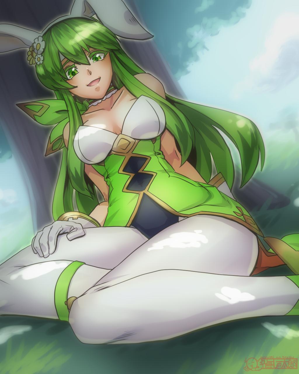 1girl animal_ears commentary_request day fake_animal_ears fire_emblem fire_emblem:_mystery_of_the_emblem fire_emblem_heroes flower gloves grass green_eyes green_hair hair_flower hair_ornament headband highres long_hair nintendo open_mouth outdoors paola rabbit_ears sitting solo sting_chameleao tree white_gloves white_headband white_legwear