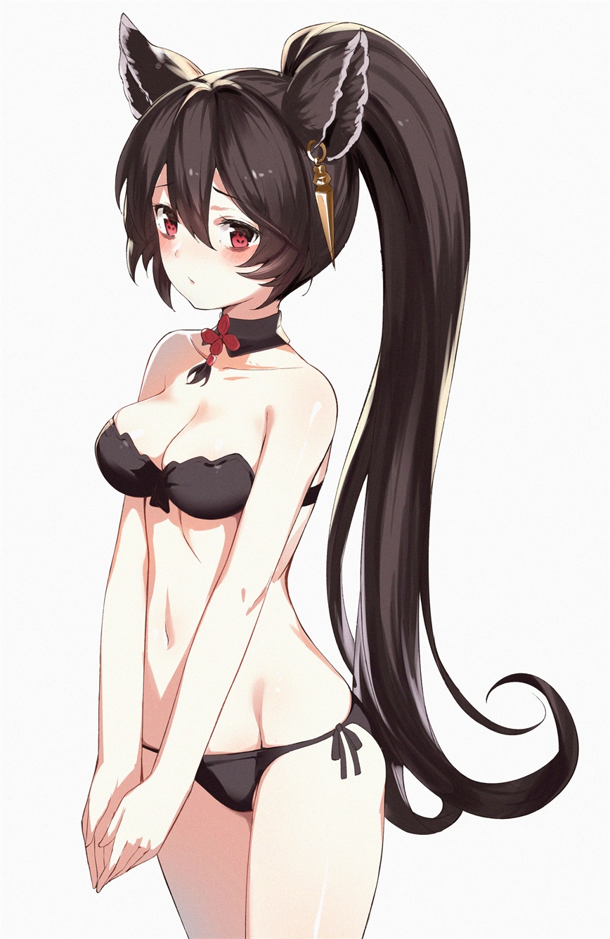 1girl animal_ears bangs bare_arms bare_shoulders bikini black_bikini black_hair blush breasts choker cleavage closed_mouth collarbone cowboy_shot ear_piercing earrings erune eyebrows_visible_through_hair gin00 granblue_fantasy grey_background groin hair_between_eyes high_ponytail highres jewelry long_hair looking_at_viewer medium_breasts navel niia piercing ponytail red_eyes side-tie_bikini simple_background solo standing stomach swimsuit v_arms very_long_hair white_background