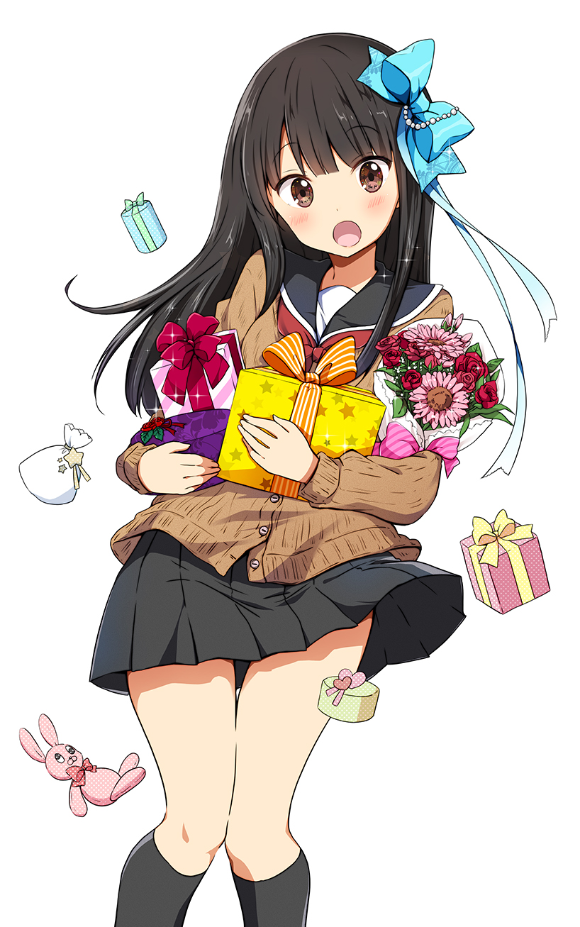 1girl :o bangs black_hair black_legwear black_skirt blush bow box brown_eyes chijou_noko chikanoko commentary_request dot_nose eyebrows_visible_through_hair flower gift gift_box hair_bow highres holding kneehighs long_hair long_sleeves looking_at_viewer open_mouth ragho_no_erika school_uniform shirt simple_background skirt solo stuffed_animal stuffed_bunny stuffed_toy white_background
