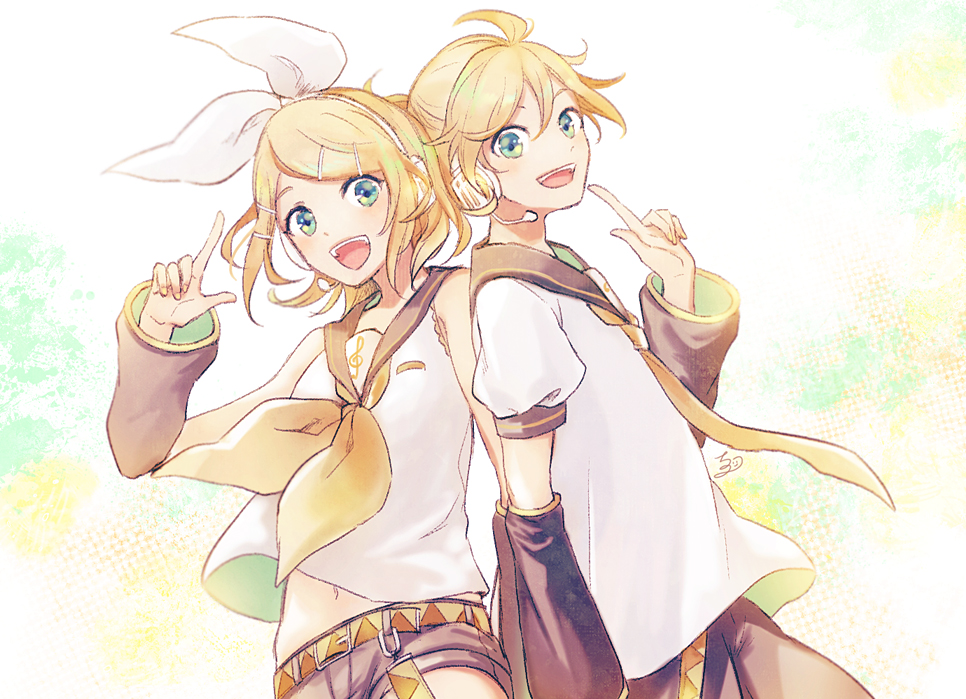 1boy 1girl :d arm_at_side back-to-back belt blonde_hair brother_and_sister chizu_(fiute) detached_sleeves dutch_angle finger_to_cheek fingernails green_eyes hair_between_eyes hair_ornament hair_ribbon hairclip happy headset index_finger_raised kagamine_len kagamine_rin musical_note nail_polish navel necktie open_mouth puffy_short_sleeves puffy_sleeves ribbon sailor_collar shirt shirt_lift short_hair short_sleeves shorts siblings sleeveless sleeveless_shirt smile treble_clef twins upper_body upper_teeth vocaloid white_ribbon white_shirt yellow_nails yellow_neckwear yellow_ribbon