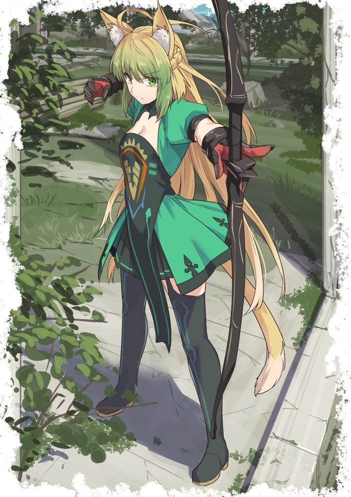 1girl ahoge animal_ears atalanta_(fate) blonde_hair bow_(weapon) breasts cat_ears cat_tail cleavage fate/apocrypha fate_(series) gloves grass green_eyes green_hair multicolored_hair shiseki_hirame small_breasts solo tail thigh-highs tree weapon