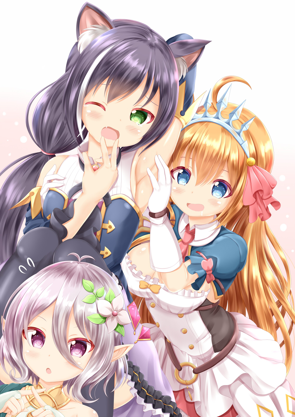 3girls :d :o ahoge animal_ear_fluff animal_ears arm_up armpits bangs black_hair blue_dress blue_eyes blush brown_hair cat_ears commentary_request crossed_fingers dress drooling elbow_gloves eyebrows_visible_through_hair fang flower flying_sweatdrops gloves green_eyes grey_hair hair_between_eyes hair_flower hair_ornament hand_up highres kokkoro_(princess_connect!) kyaru_(princess_connect) long_hair multicolored_hair multiple_girls open_mouth parted_lips pecorine pointy_ears princess_connect! princess_connect!_re:dive puffy_short_sleeves puffy_sleeves saliva short_sleeves sleeveless sleeveless_dress smile streaked_hair tiara very_long_hair violet_eyes white_flower white_gloves white_hair zenon_(for_achieve)