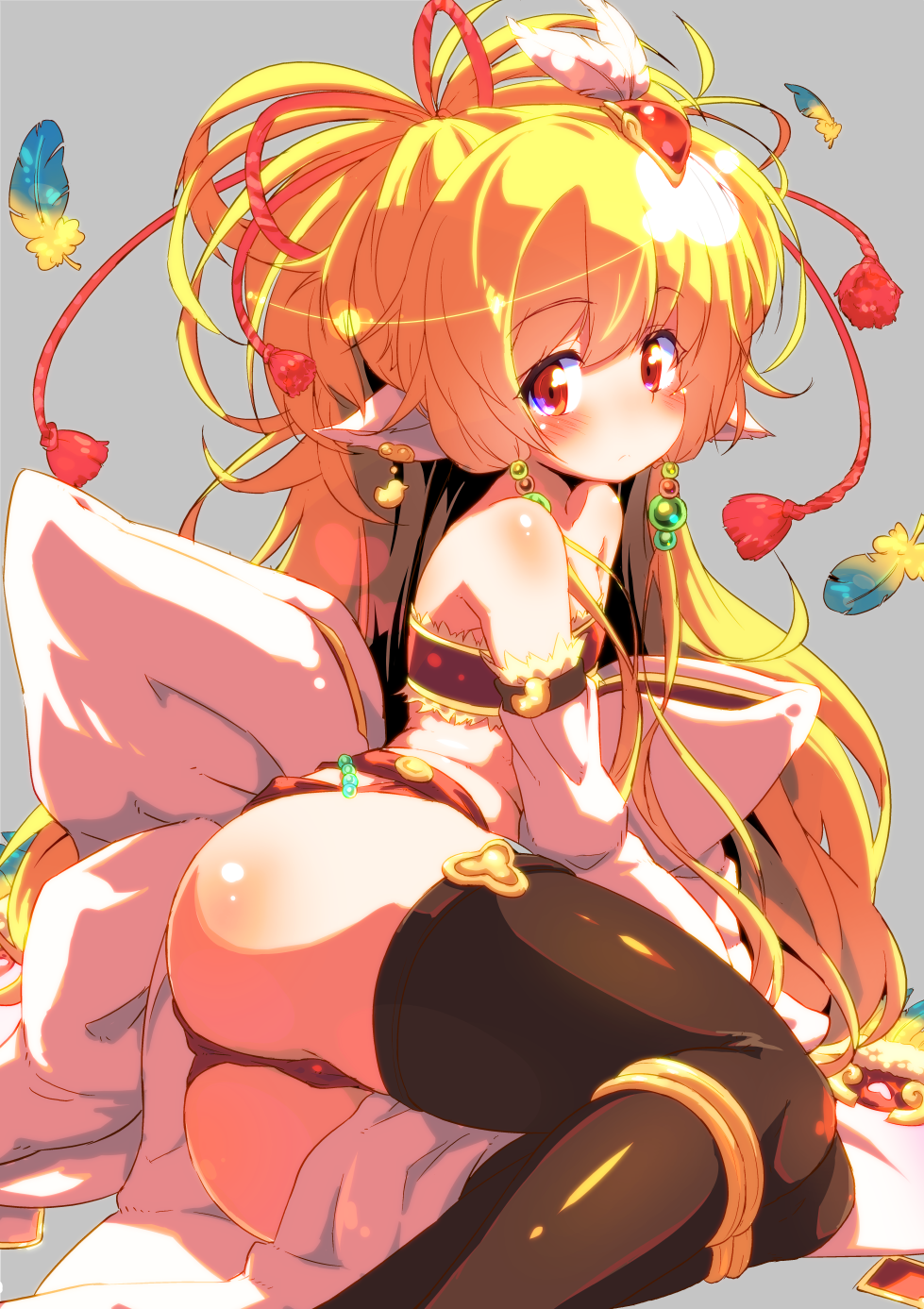 1girl animal_ears ass bandeau bare_shoulders black_legwear blonde_hair blush bow closed_mouth commentary detached_sleeves earrings feathers frown granblue_fantasy grey_background hair_bobbles hair_ornament harvin highres jewelry large_bow legs long_hair looking_at_viewer looking_back lying mahira_(granblue_fantasy) on_side panties red_eyes red_panties solo sw thigh-highs underwear very_long_hair
