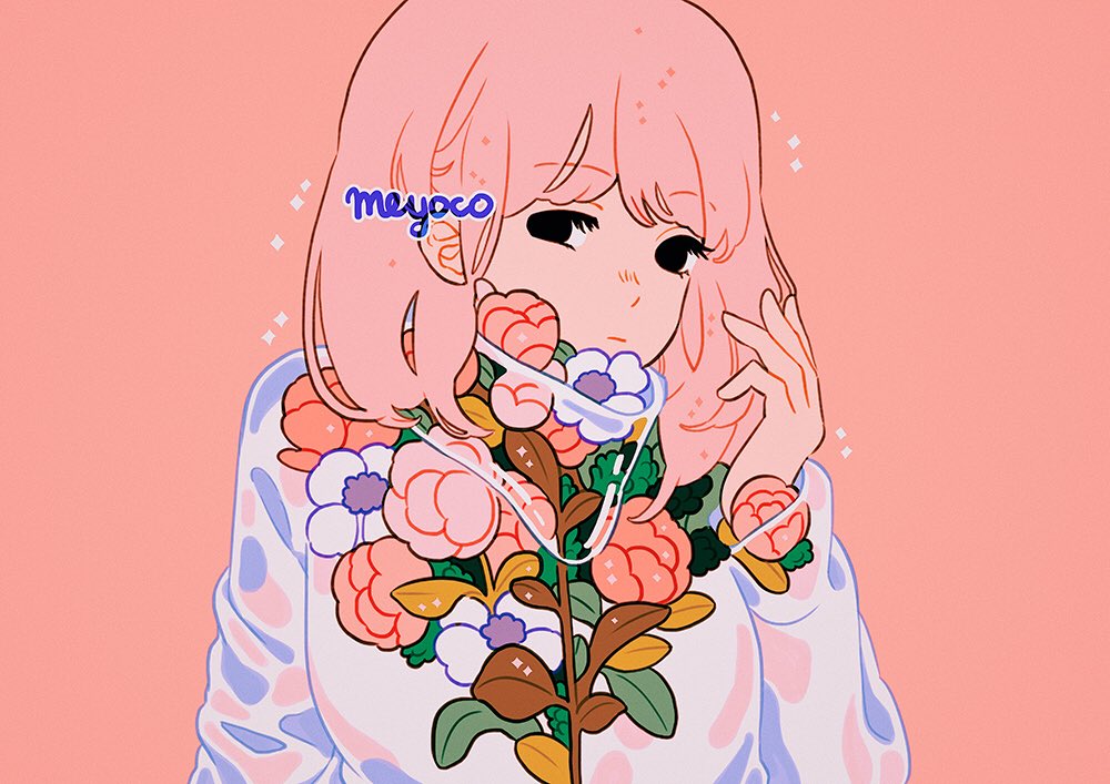 1girl artist_name black_eyes expressionless eyebrows_visible_through_hair floral_print flower hand_up leaf long_hair long_sleeves looking_at_viewer meyoco original pink_background pink_flower pink_hair plant simple_background solo sparkle upper_body white_flower