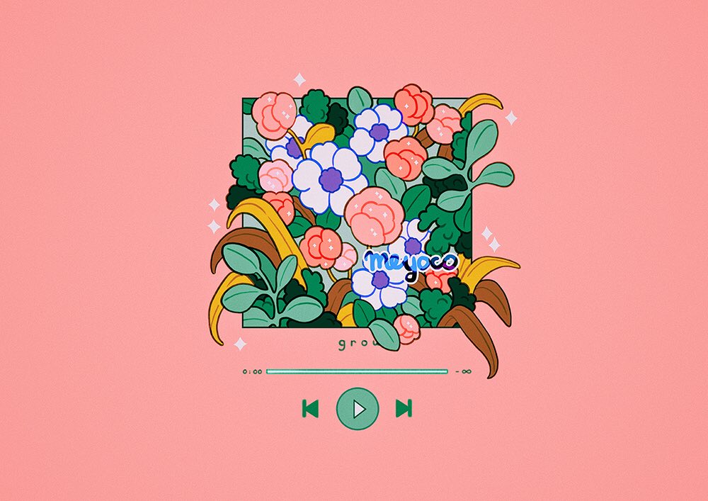 artist_name english_text flower leaf meyoco no_humans original pink_background pink_flower plant play_button progress_bar simple_background sparkle white_flower