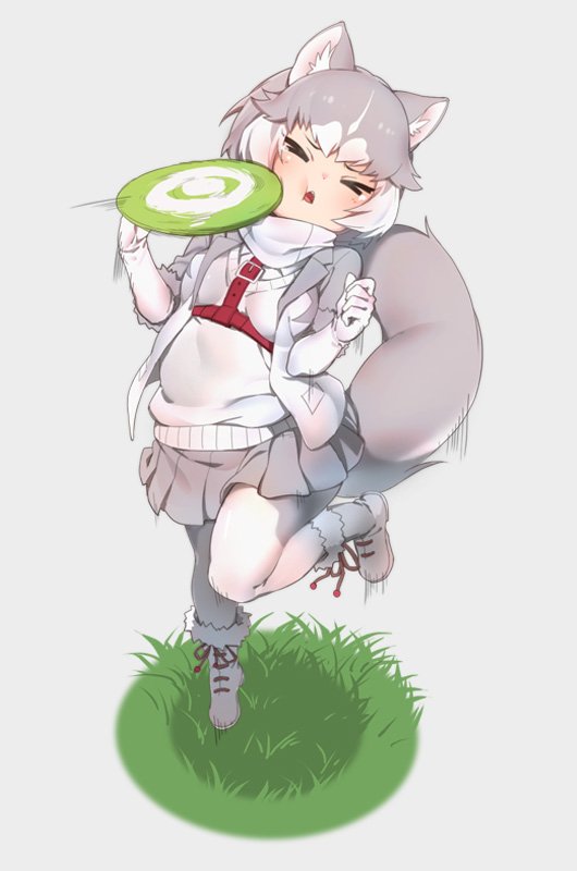 1girl animal_ear_fluff animal_ears blush closed_eyes commentary_request dog_(mixed_breed)_(kemono_friends) dog_ears dog_tail elbow_gloves frisbee fur_trim gloves grass grey_hair harness headshot jacket japari_symbol kemono_friends multicolored_hair nyifu open_mouth pantyhose pleated_skirt scarf short_hair short_sleeves skirt solo standing standing_on_one_leg sweater tail white_gloves white_hair