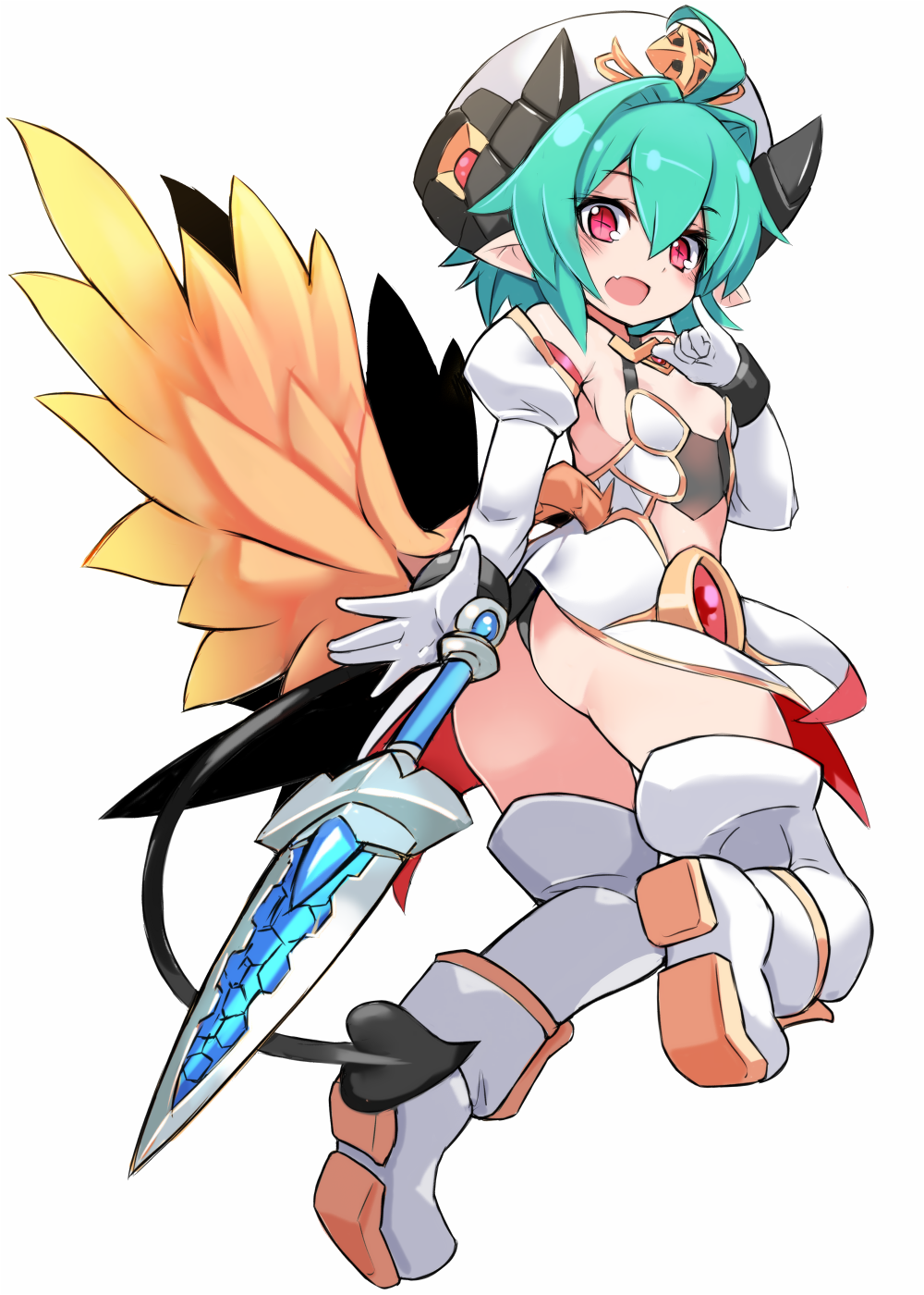 1girl ahoge arcana_trust armpit_crease ass bangs bare_shoulders blush boots breasts commentary_request curled_horns dagger demon_girl demon_horns demon_tail elbow_gloves eyebrows_visible_through_hair feathered_wings full_body gloves green_hair hair_between_eyes hair_intakes hat highres horns karukan_(monjya) red_eyes shinrabanshou shoe_soles simple_background small_breasts solo tail thigh-highs twisted_torso weapon white_background white_footwear white_gloves white_hat white_legwear wings yellow_wings