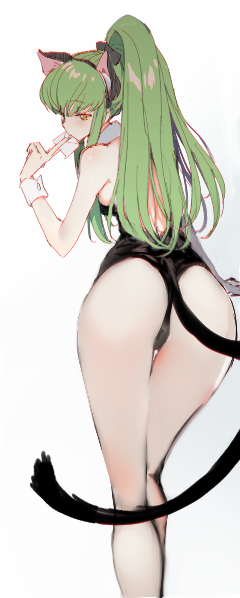 1girl animal_ears ass back bangs bare_shoulders breasts bunnysuit c.c. cat_ears cat_tail code_geass creayus eyebrows_visible_through_hair green_hair highres letter long_hair ponytail simple_background solo tail white_background wrist_cuffs yellow_eyes