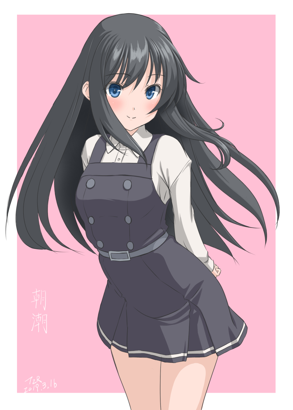 1girl arms_behind_back asashio_(kantai_collection) belt black_dress black_hair blue_eyes blush border breasts character_name collared_shirt cowboy_shot dated dress eyebrows_visible_through_hair hair_between_eyes highres kantai_collection long_hair long_sleeves looking_at_viewer no_legwear older pinafore_dress pink_background remodel_(kantai_collection) school_uniform shirt signature sleeveless sleeveless_dress small_breasts smile solo t2r white_border white_shirt