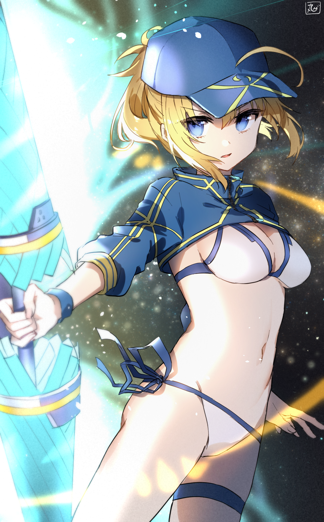 1girl ahoge artoria_pendragon_(all) bangs baseball_cap bikini blonde_hair blue_eyes blue_hat breasts chromatic_aberration cleavage cowboy_shot fate/grand_order fate_(series) groin hair_through_headwear hat highres holding holding_spear holding_weapon long_hair looking_to_the_side medium_breasts mysterious_heroine_xx_(foreigner) navel oomori_(kswmr) outstretched_arm parted_lips polearm ponytail shrug_(clothing) side-tie_bikini sidelocks signature solo space spear standing star_(sky) stomach swimsuit thigh_strap twinmyniad v-shaped_eyebrows weapon white_bikini wristband