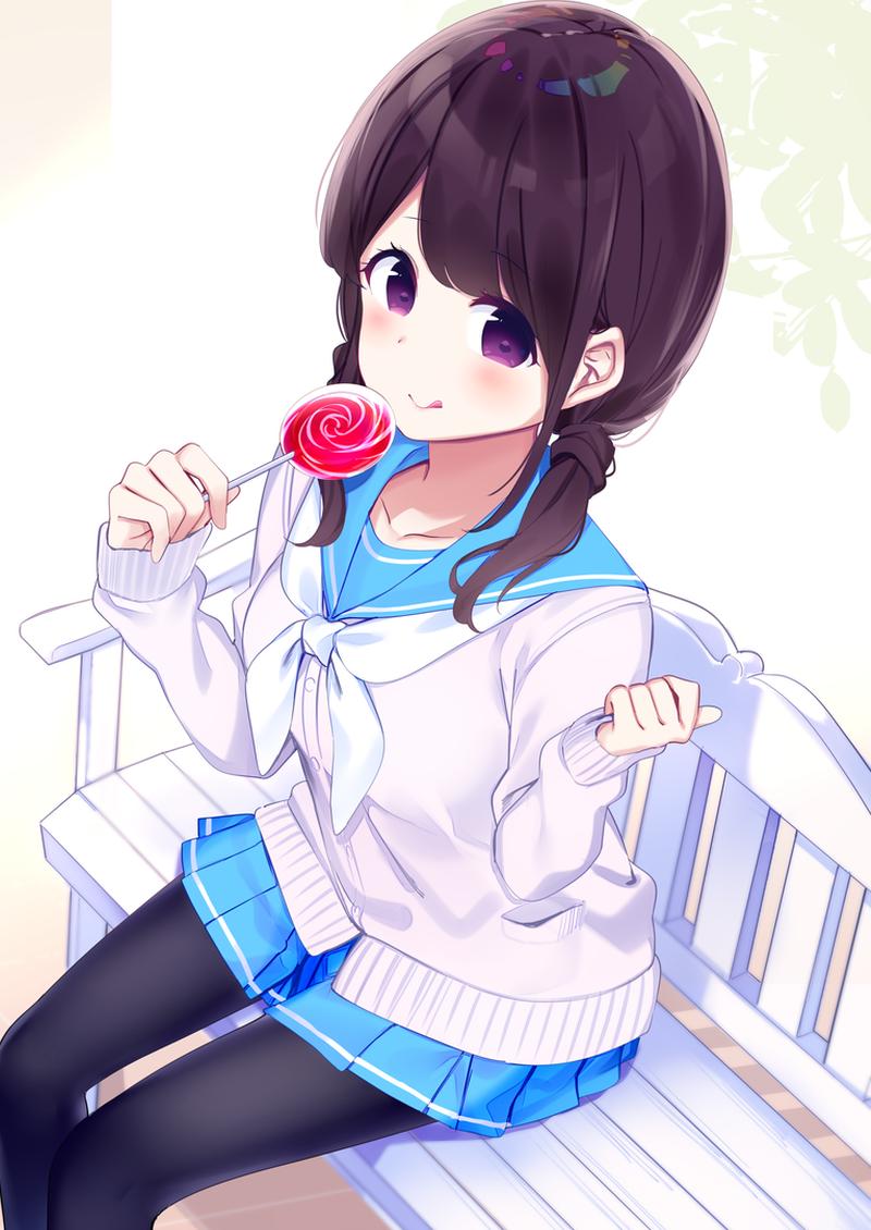 1girl :q bangs bench black_legwear blue_sailor_collar blue_skirt blush brown_hair candy cardigan chikuwa. closed_mouth collarbone commentary eyebrows_visible_through_hair food grey_cardigan hands_up holding holding_food holding_lollipop lollipop long_hair long_sleeves low_twintails neckerchief on_bench original pantyhose park_bench pleated_skirt sailor_collar school_uniform serafuku sitting skirt sleeves_past_wrists smile solo swirl_lollipop symbol_commentary tongue tongue_out twintails violet_eyes white_neckwear