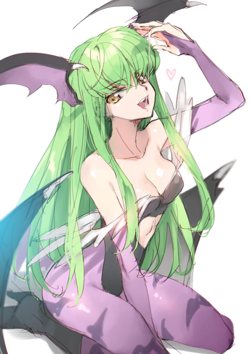 1girl :d animal_print arm_up ass_wings bat_print black_footwear black_leotard black_wings boots breasts bridal_gauntlets c.c. cleavage code_geass collarbone cosplay creayus detached_sleeves eyebrows_visible_through_hair floating_hair green_hair hair_between_eyes head_wings heart high_heel_boots high_heels kneeling leotard long_hair long_sleeves looking_at_viewer medium_breasts morrigan_aensland morrigan_aensland_(cosplay) open_mouth pantyhose print_legwear purple_legwear purple_sleeves simple_background sketch smile solo strapless strapless_leotard vampire_(game) very_long_hair white_background wings yellow_eyes