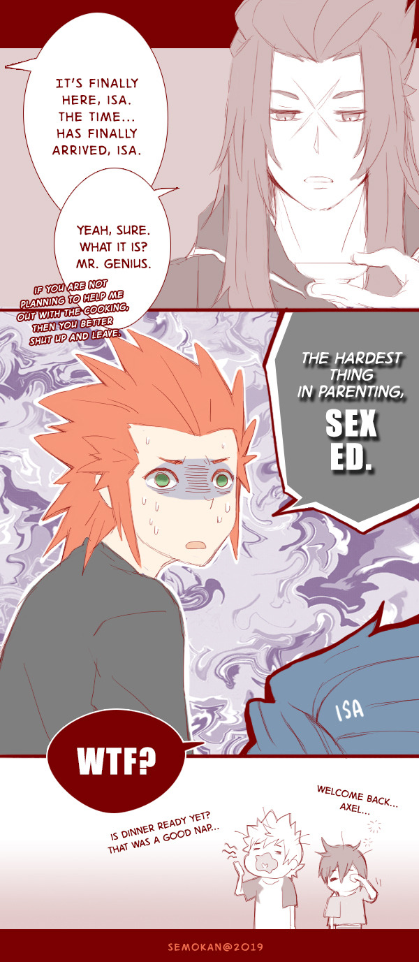 1girl 3boys black_hair comic english_text green_eyes highres kingdom_hearts kingdom_hearts_iii multiple_boys roxas saix scar semokan short_hair spiky_hair spoilers xion_(kingdom_hearts) yawning