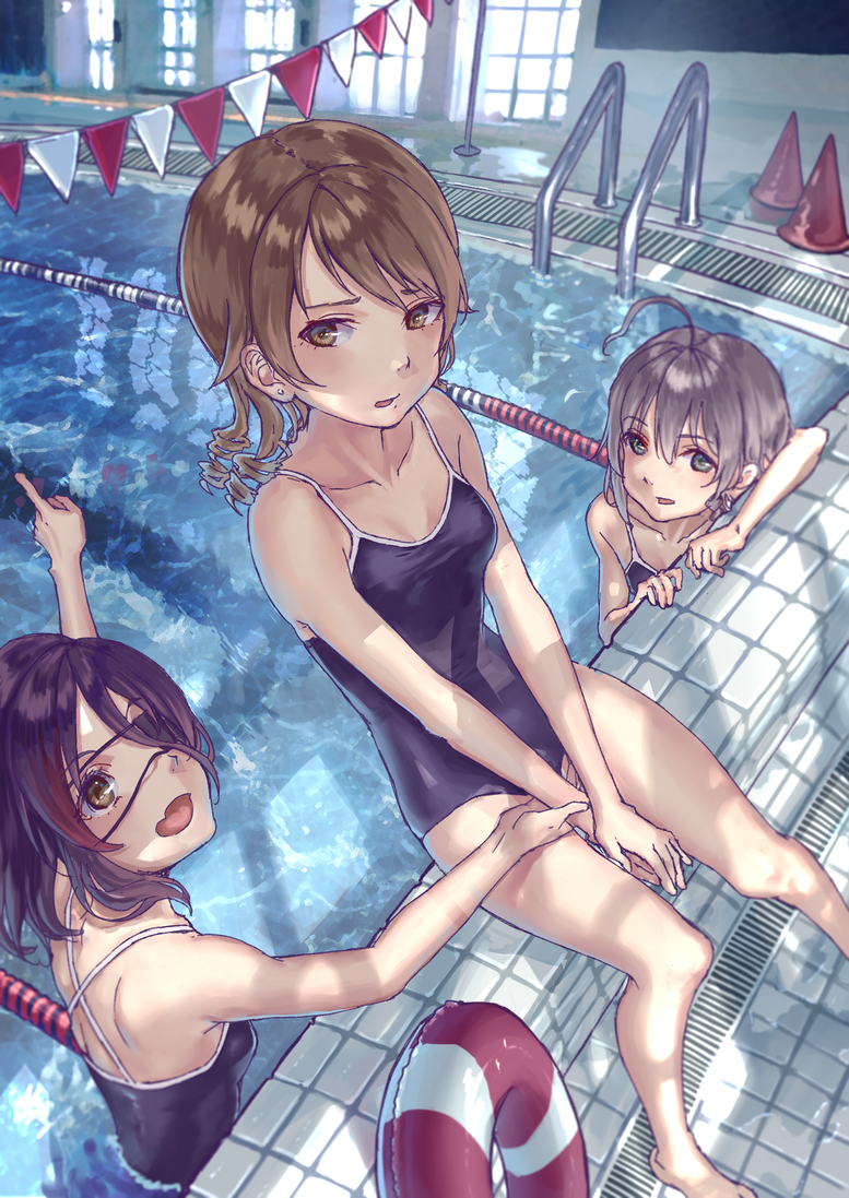 3girls ahoge black_eyepatch black_hair blue_swimsuit breasts brown_eyes brown_hair commentary_request drain_(object) eyepatch green_eyes hoshi_shouko idolmaster idolmaster_cinderella_girls individuals indoors looking_at_viewer morikubo_nono multiple_girls poolside reflection roki_(0214278) school_swimsuit small_breasts swimsuit tile_floor tiles water