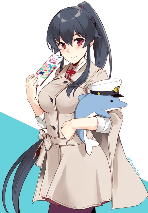 1girl beige_coat black_hair black_legwear black_skirt blue_background commentary_request cowboy_shot dolphin ichinomiya_(blantte) kantai_collection long_hair looking_at_viewer map_(object) pantyhose ponytail red_eyes sidelocks skirt smile solo stuffed_animal stuffed_dolphin stuffed_toy two-tone_background white_background yahagi_(kantai_collection)