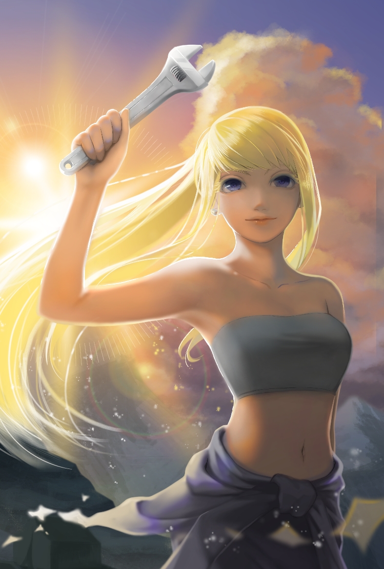 1girl arm_at_side arm_up armpits backlighting bare_arms bare_shoulders blonde_hair blue_eyes blue_sky blurry bokeh breasts clothes_around_waist clouds cloudy_sky commentary_request depth_of_field eyelashes floating_hair fullmetal_alchemist holding holding_wrench jacket_around_waist light_particles light_rays long_hair medium_breasts mokka_(8815019) navel orange_sky outdoors sky smile solo strapless sun sunlight sunrise tubetop upper_body winry_rockbell wrench