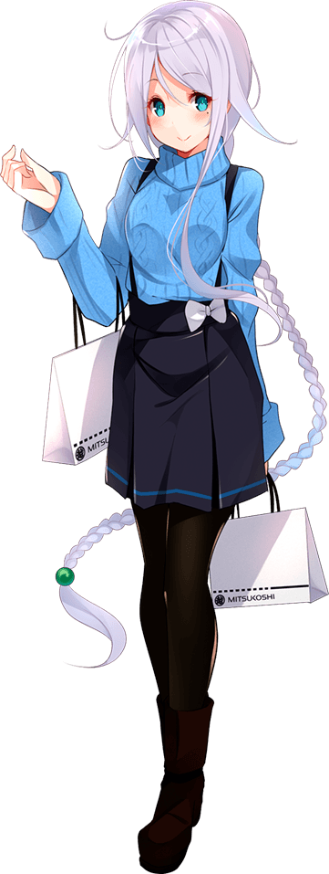 1girl bag bangs black_skirt blue_eyes blue_sweater braid dress full_body hair_tie kantai_collection long_hair looking_at_viewer mitsukoshi_(department_store) mole mole_under_eye official_art parted_bangs pinafore_dress shopping_bag silver_hair simple_background single_braid skirt smile suspenders sweater transparent_background umikaze_(kantai_collection) very_long_hair white_hair