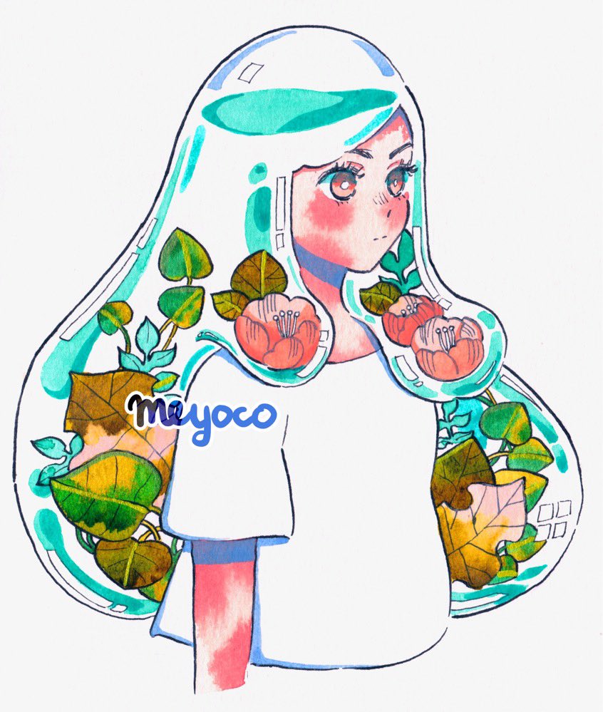 1girl artist_name cropped_torso expressionless flower leaf liquid long_hair meyoco original pink_eyes pink_flower shirt short_sleeves simple_background solo traditional_media transparent upper_body watercolor_(medium) watermark white_background white_shirt