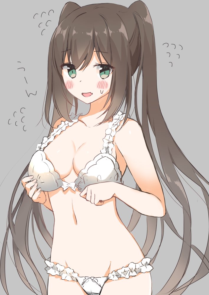1girl bangs bare_arms bare_shoulders blush blush_stickers bow bow_bra bow_panties bra breasts brown_hair collarbone eyebrows_visible_through_hair flying_sweatdrops green_eyes grey_background groin hair_between_eyes long_hair looking_at_viewer navel open_mouth original oversized_clothes panties simple_background small_breasts solo sweat twintails underwear underwear_only very_long_hair white_bra white_panties yadapot