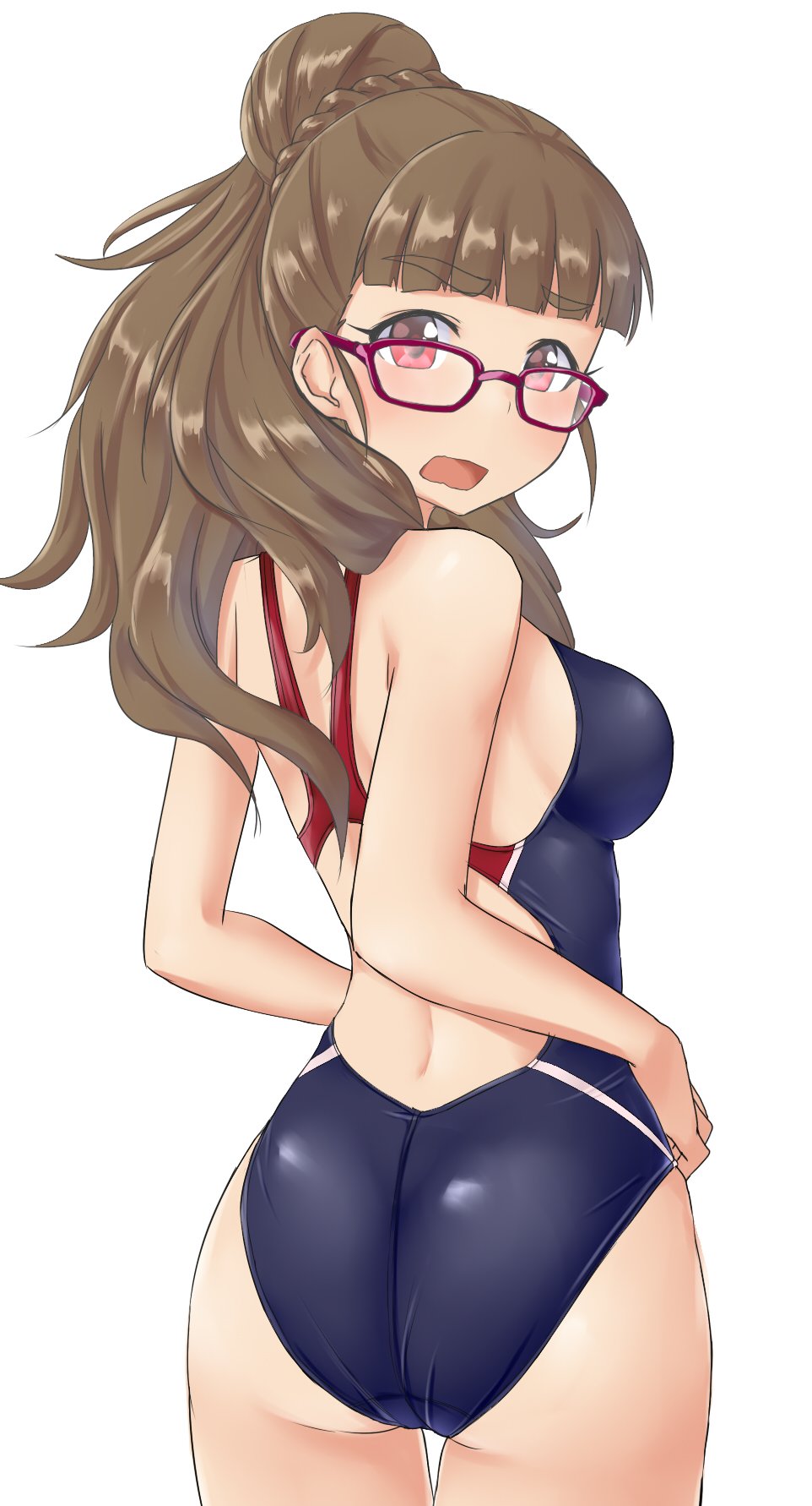 1girl aimobake ass bangs bespectacled blue_swimsuit blunt_bangs brown_hair commentary_request competition_swimsuit cowboy_shot eyebrows_visible_through_hair fang from_behind glasses hair_bun highres idolmaster idolmaster_cinderella_girls kamiya_nao long_hair looking_back one-piece_swimsuit open_mouth red-framed_eyewear red_eyes simple_background solo swimsuit thick_eyebrows thigh_gap white_background