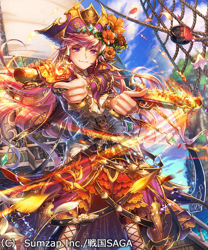 asano_shiki blush breasts brown_hair closed_mouth clouds copyright_name flower gun hair_flower hair_ornament hat holding holding_weapon japanese_clothes long_hair long_sleeves looking_at_viewer official_art original pink_eyes pirate pirate_hat rope sengoku_saga sky weapon