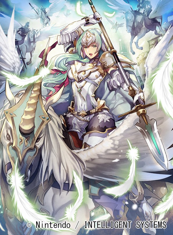 1girl armor breastplate cape commentary_request company_connection copyright_name dress elbow_gloves feathered_wings feathers fire_emblem fire_emblem:_souen_no_kiseki fire_emblem_cipher gloves green_eyes green_hair headpiece holding holding_weapon horns long_hair looking_at_viewer nagahama_megumi nintendo official_art open_mouth pegasus pegasus_knight polearm short_dress short_sleeves shoulder_armor sigrun spear weapon white_gloves wings