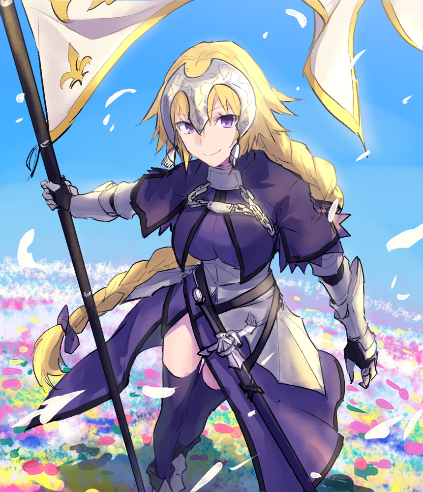 1girl armor armored_dress blonde_hair braid capelet fate/apocrypha fate/grand_order fate_(series) faulds flag gauntlets headpiece jeanne_d'arc_(fate) jeanne_d'arc_(fate)_(all) long_braid long_hair menma222 plackart single_braid smile solo standard_bearer thigh-highs very_long_hair violet_eyes