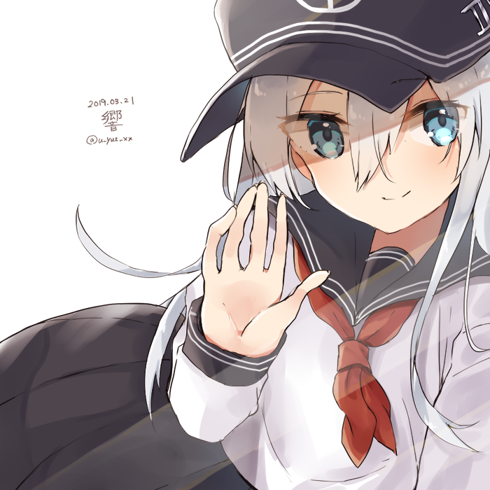 1girl against_glass anchor_symbol black_legwear black_sailor_collar black_skirt blue_eyes character_name dated flat_cap hair_between_eyes hat hibiki_(kantai_collection) kantai_collection long_hair long_sleeves looking_at_viewer neckerchief pleated_skirt red_neckwear sailor_collar school_uniform serafuku silver_hair simple_background sitting skirt smile solo thigh-highs twitter_username u_yuz_xx white_background yokozuwari