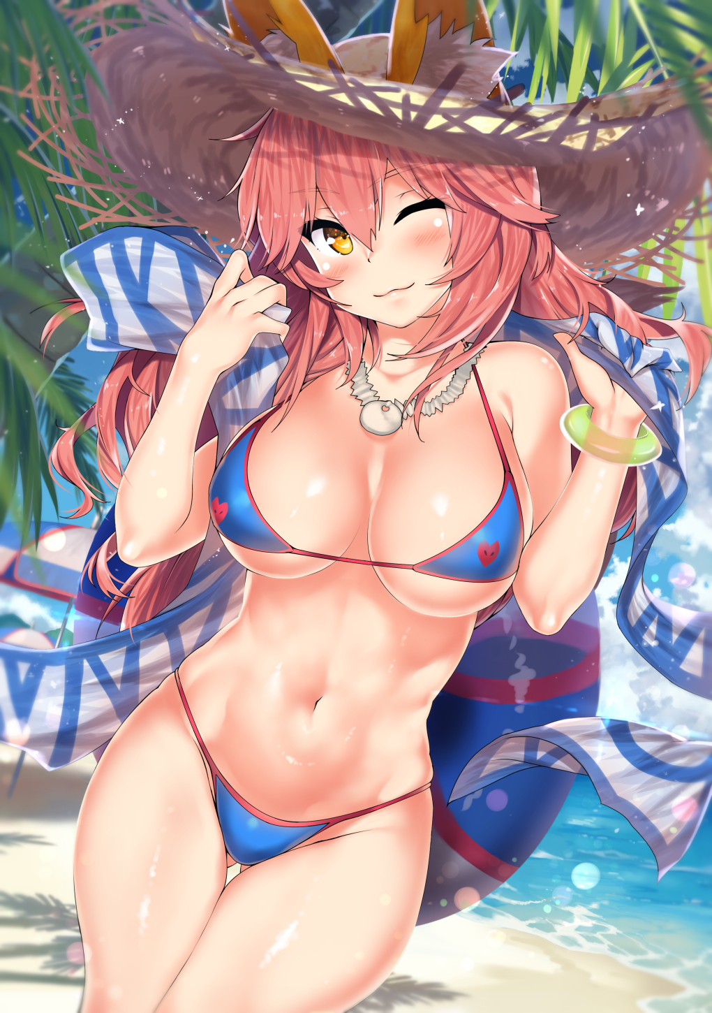 1girl ;3 animal_ear_fluff animal_ears bare_arms bare_shoulders beach bikini blue_bikini blue_sky blush bracelet breasts closed_mouth clouds commentary_request cowboy_shot day dutch_angle ears_through_headwear eyebrows_visible_through_hair fate/extra fate/grand_order fate_(series) fox_ears fox_girl fox_tail gluteal_fold hair_between_eyes hat highres hip_focus holding innertube jewelry kawai large_breasts leaf long_hair looking_at_viewer navel necklace ocean one_eye_closed outdoors palm_tree pink_hair sash shiny shiny_skin sidelocks sky smile solo standing straw_hat string_bikini sun_hat sunlight swimsuit tail tamamo_(fate)_(all) tamamo_no_mae_(fate) tamamo_no_mae_(swimsuit_lancer)_(fate) thigh_gap thighs tree umbrella water yellow_eyes