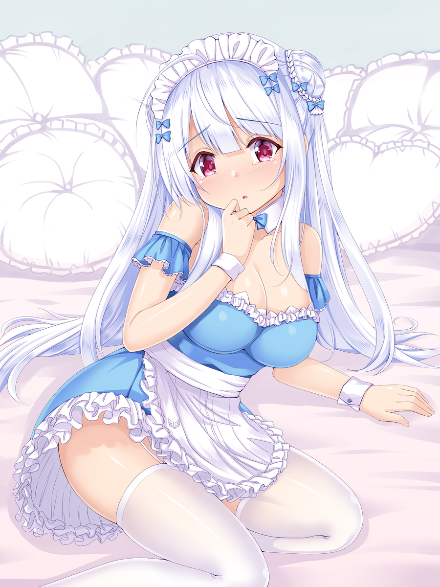 1girl apron azur_lane bangs bed_sheet blue_bow blue_dress blue_neckwear blush bow bowtie braid breasts cleavage collar commentary_request cygnet_(azur_lane) detached_collar dress eyebrows_visible_through_hair frilled_apron frilled_dress frilled_pillow frills hair_between_eyes hair_bow hair_bun hand_up head_tilt heart heart_pillow highres large_breasts long_hair looking_at_viewer maid maid_headdress nose_blush parted_lips pillow red_eyes side_bun silver_hair solo strapless strapless_dress tears thigh-highs u2_(5798239) very_long_hair waist_apron white_apron white_collar white_legwear wrist_cuffs