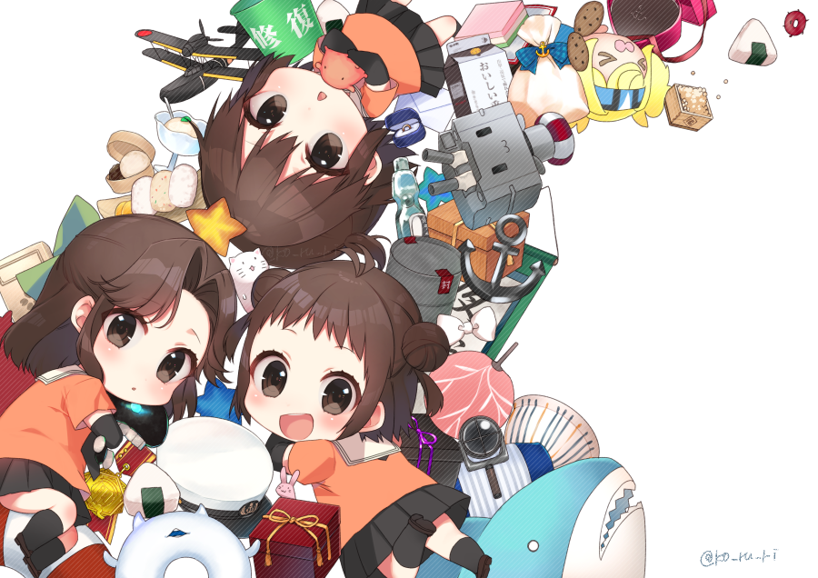 3girls anchor antenna_hair bangs bean black_skirt blush bow box brown_eyes brown_hair bucket cat chibi chocolate chocolate_heart commentary_request cookie double_bun drum elbow_gloves enemy_lifebuoy_(kantai_collection) eyebrows_visible_through_hair fan food gambier_bay_(kantai_collection) gift gift_box gloves green_bow hair_between_eyes hair_bow hair_intakes hair_ornament half_updo hat heart heart-shaped_box holding holding_toy hug ice_cream instrument jewelry jintsuu_(kantai_collection) kantai_collection kneehighs koruri lifebuoy looking_at_viewer lying medal mochi multiple_girls naka_(kantai_collection) object_hug on_back on_side onigiri orange_shirt paper_fan peaked_cap rabbit ramune red_ribbon rensouhou-chan ribbon ring sailor_collar school_uniform seaplane sendai_(kantai_collection) serafuku shirt shoes short_hair simple_background skirt smile star stuffed_animal stuffed_shark stuffed_toy toy twitter_username two_side_up white_background white_bow