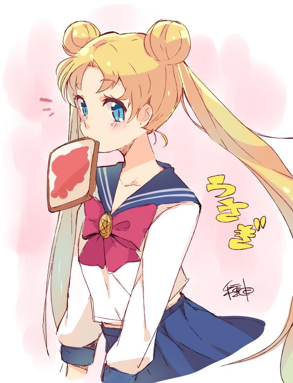 1girl bangs bishoujo_senshi_sailor_moon blonde_hair blue_eyes blue_sailor_collar blue_skirt bow bowtie brooch character_name double_bun food food_in_mouth jewelry long_hair long_sleeves looking_at_viewer mouth_hold notice_lines pink_background red_neckwear sailor_collar school_uniform serafuku signature skirt slit_pupils solo star taneda_yuuta toast toast_in_mouth tsukino_usagi twintails very_long_hair