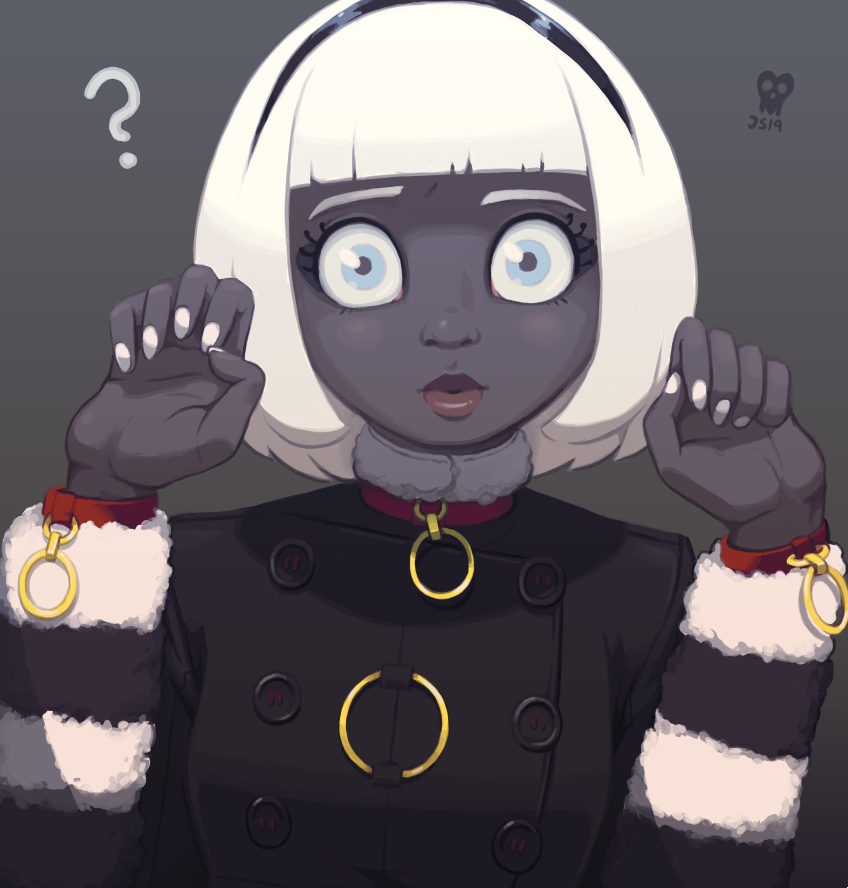 1girl ? bangs black_coat black_hairband blue_eyes blunt_bangs blush_stickers buttons collar eyebrows fur-trimmed_sleeves fur_trim grey_background grey_skin hairband joakim_sandberg lips looking_at_viewer nail_polish nose original paw_pose portrait red_collar short_hair solo white_hair white_nails wide-eyed