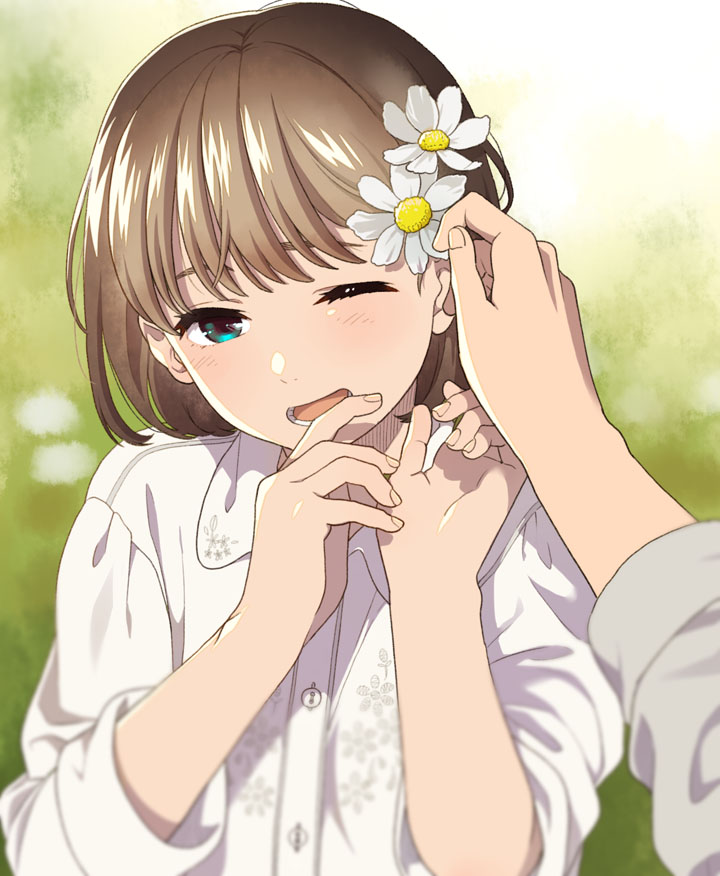 1girl aqua_eyes bangs blouse brown_hair daisy day floral_print flower hair_flower hair_ornament hair_tucking hands_up looking_at_viewer mattaku_mousuke one_eye_closed open_mouth original outdoors pov pov_hands sleeves_folded_up solo_focus white_blouse