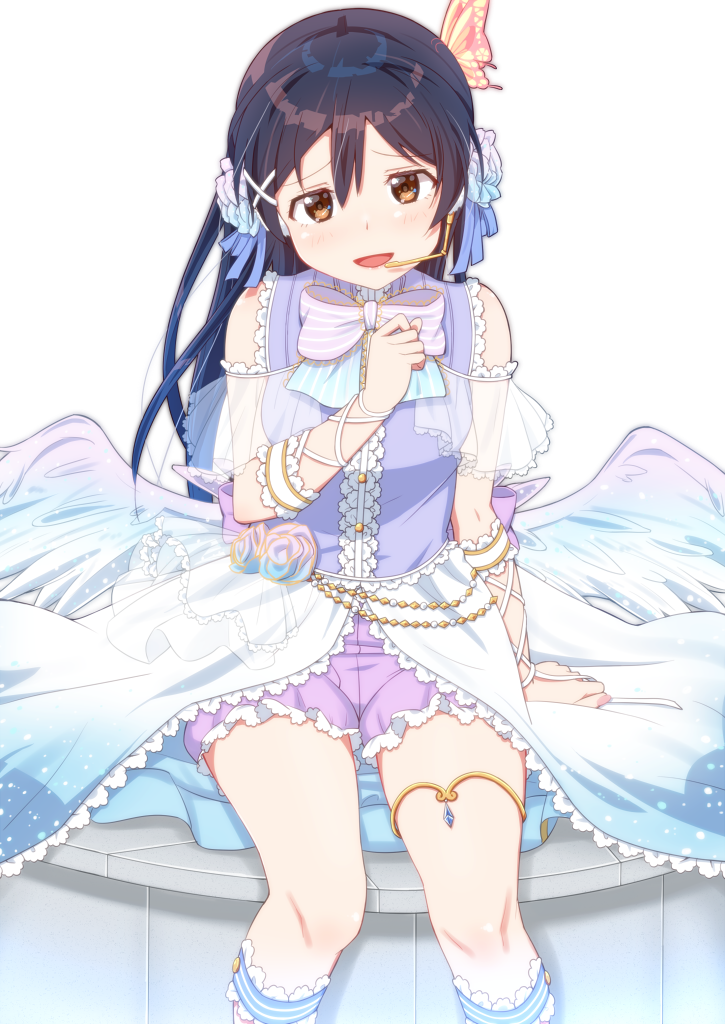 1girl angel angel_wings arm_support arm_up bangs bare_shoulders blue_hair blush butterfly_hair_ornament commentary_request dress eyebrows_visible_through_hair feathered_wings flower hair_between_eyes hair_flower hair_ornament hairclip long_hair looking_at_viewer love_live! love_live!_school_idol_festival love_live!_school_idol_project microphone open_mouth shorts simple_background sitting skull573 sleeveless sleeveless_dress smile solo sonoda_umi white_background white_wings wings x_hair_ornament yellow_eyes